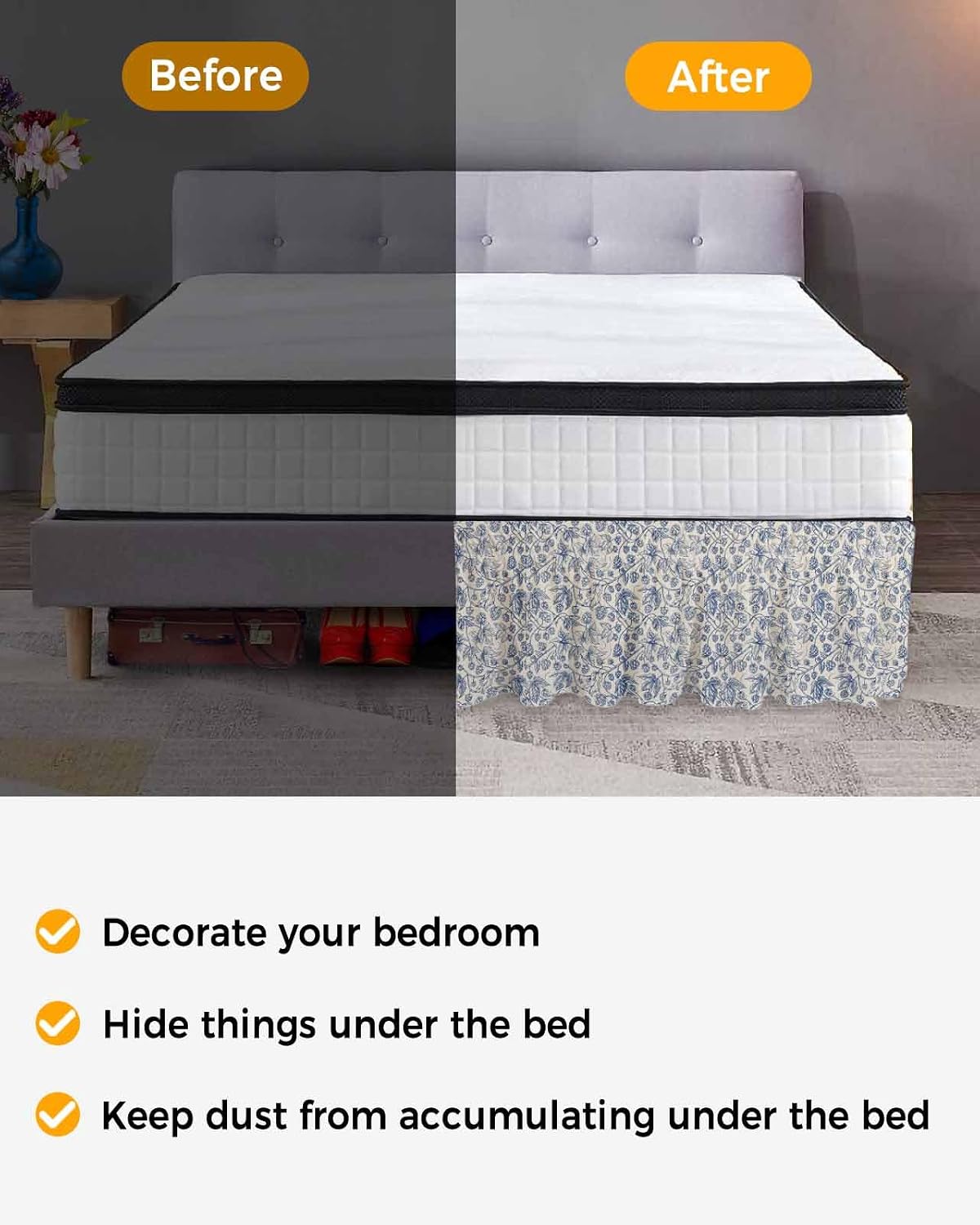 Blue Floral Cal King Elastic Bed Skirt