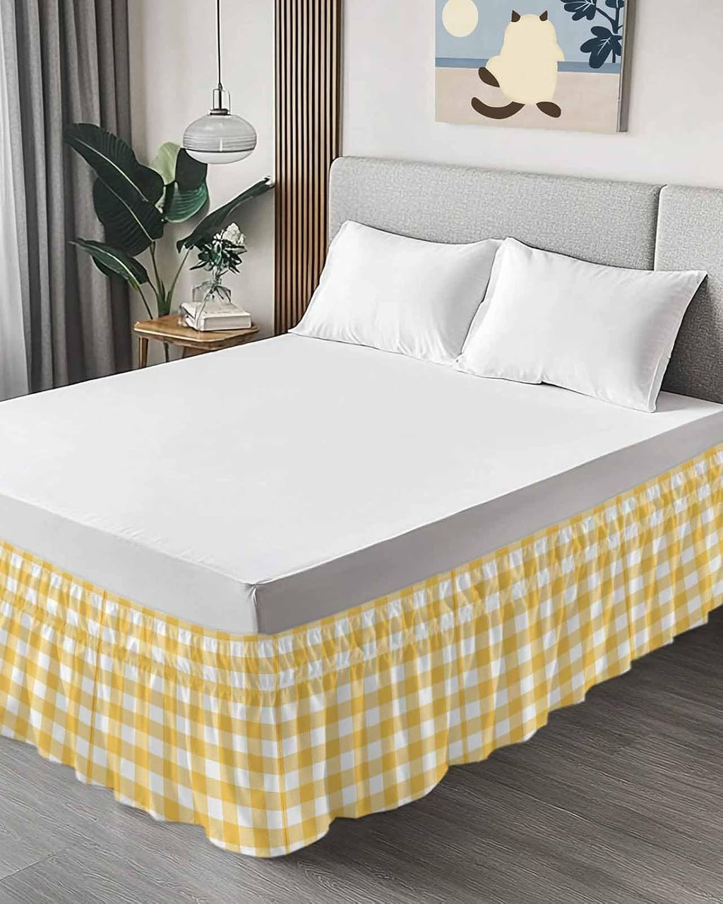 Yellow Plaid Elastic Queen Bed Skirt