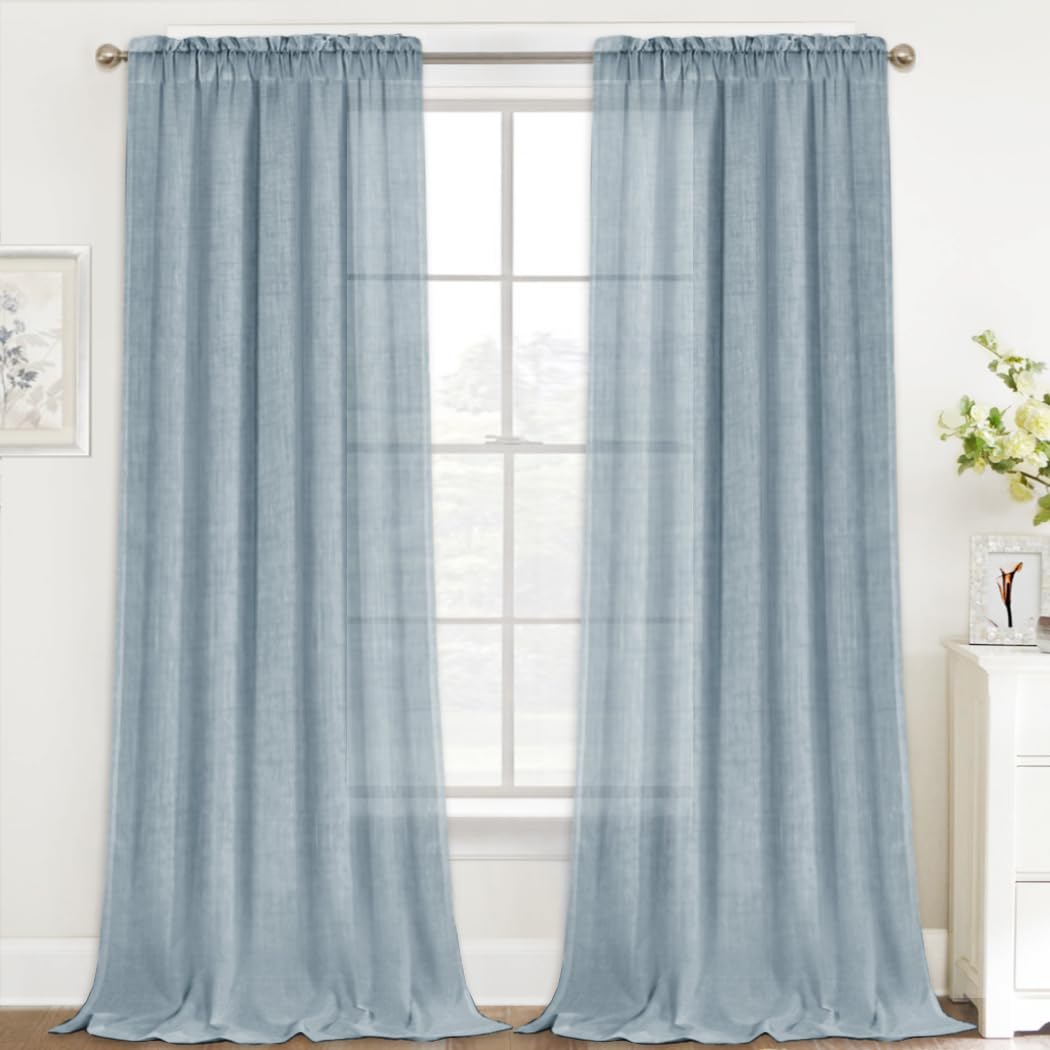 Stone Blue Farmhouse Linen Sheer Curtains 52x96 Set of 2