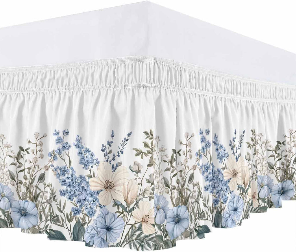 Blue Floral King Elastic Bed Skirt