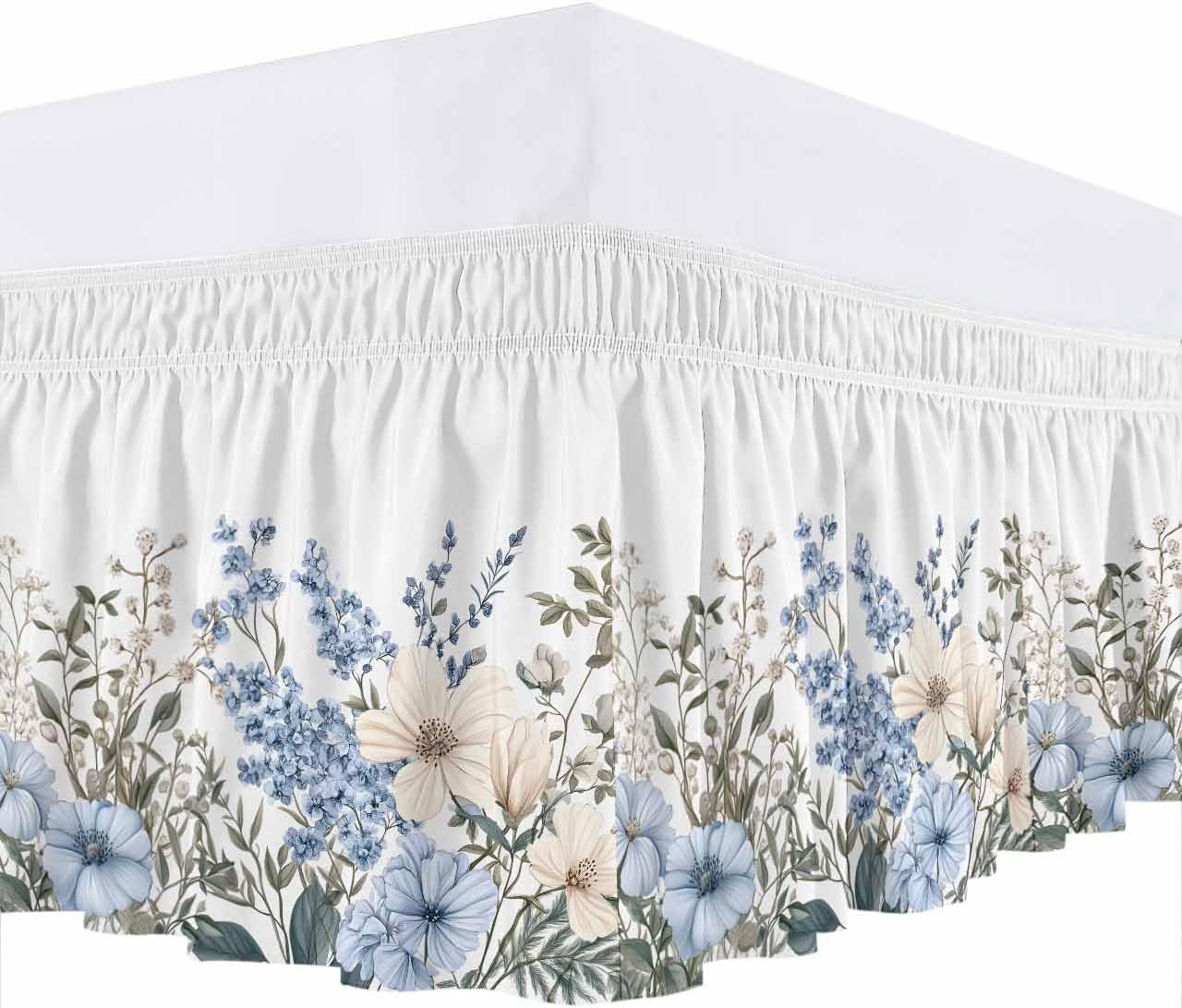 Blue Floral King Elastic Bed Skirt