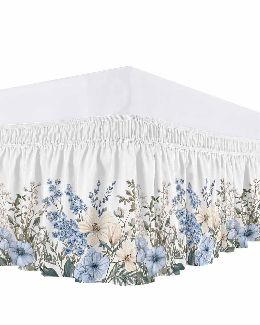 Blue Floral King Elastic Bed Skirt