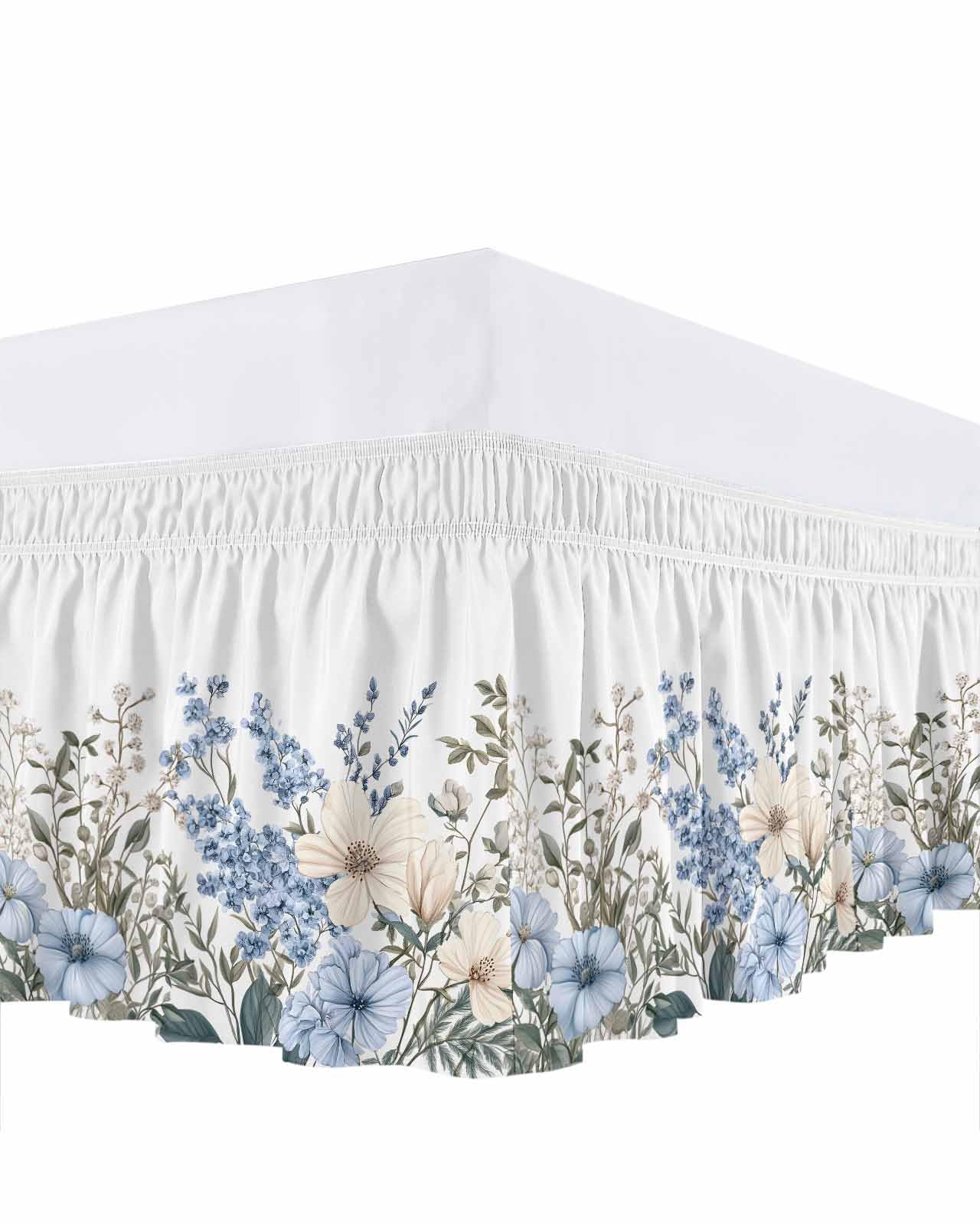 Blue Floral King Elastic Bed Skirt