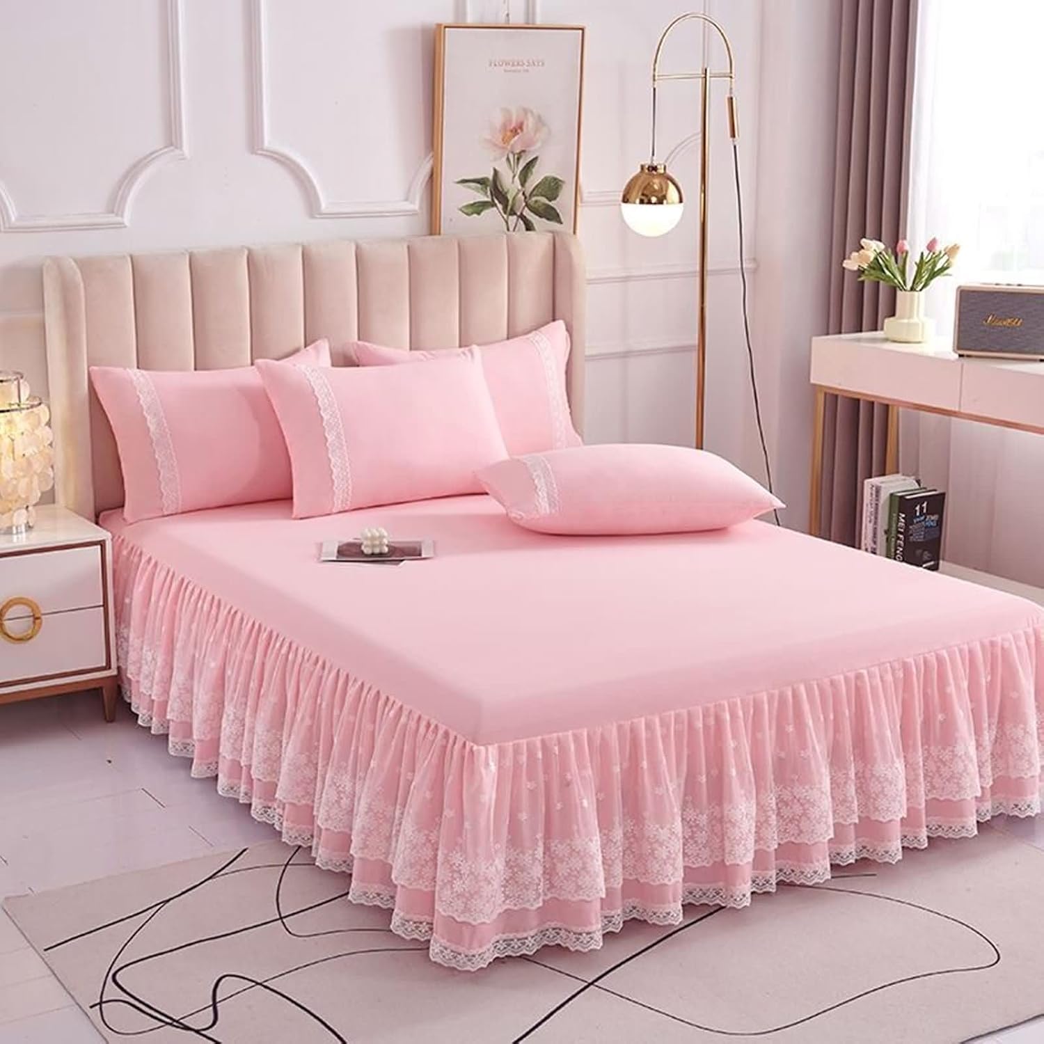 Pink Lace Ruffled Twin Bed Skirt