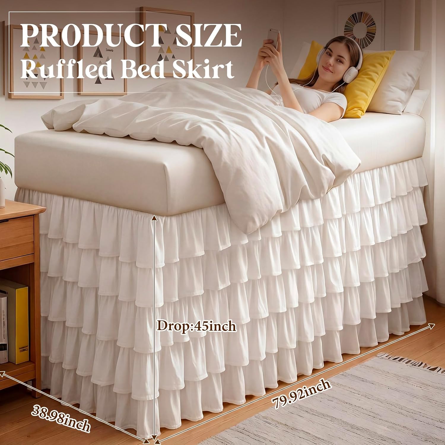 White Embroidered Twin XL Dorm Bed Skirt
