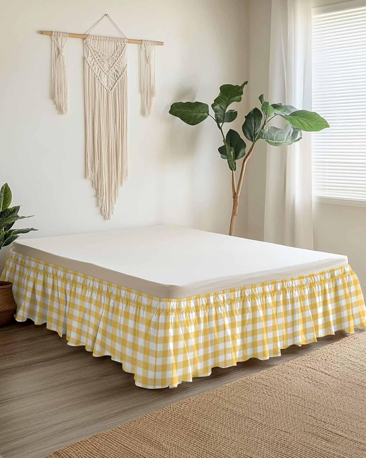 Yellow Plaid Elastic Queen Bed Skirt