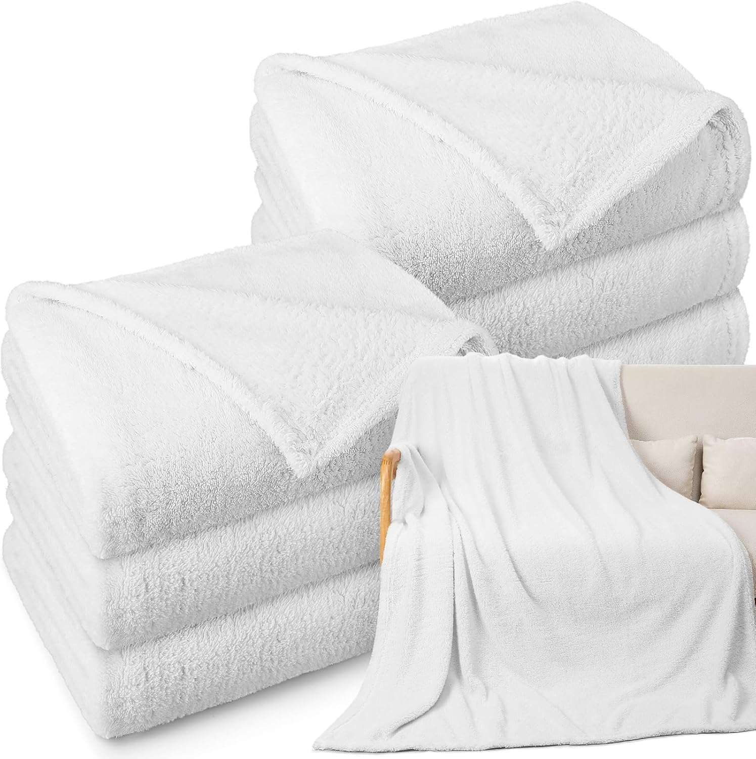 White Sherpa Throw Blankets Set of 6 50x60