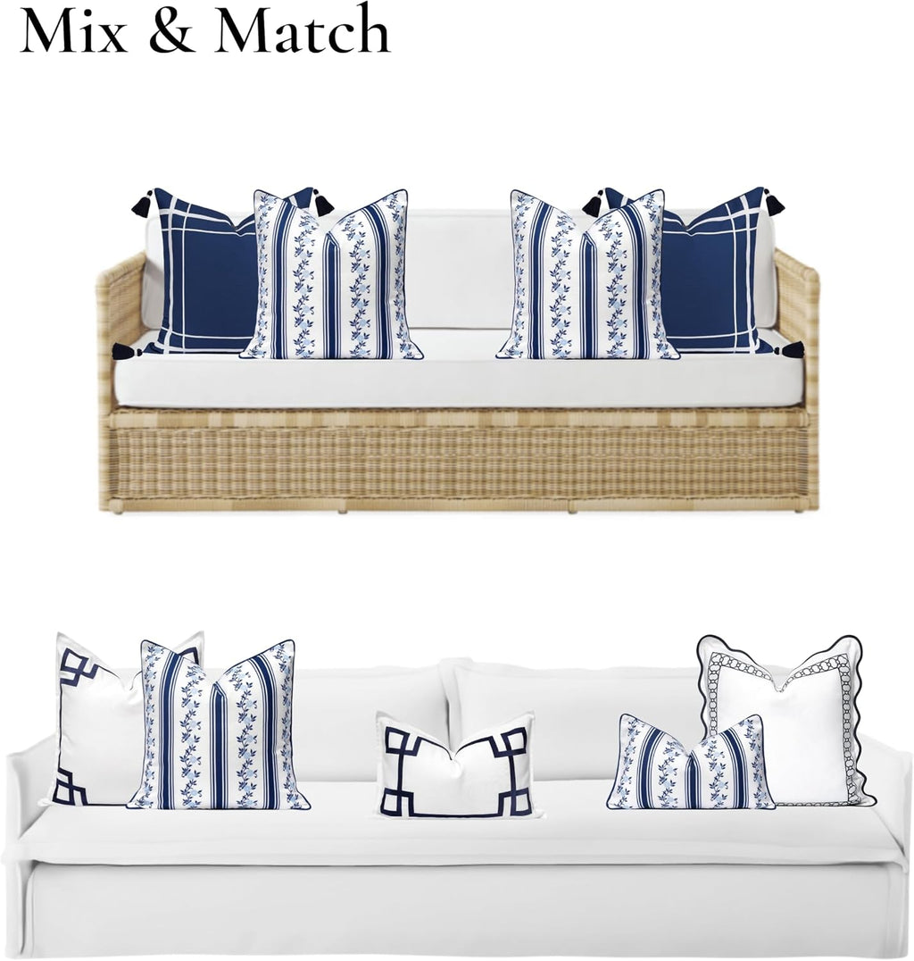 Navy Floral Stripe Outdoor Pillow Cover 20x20