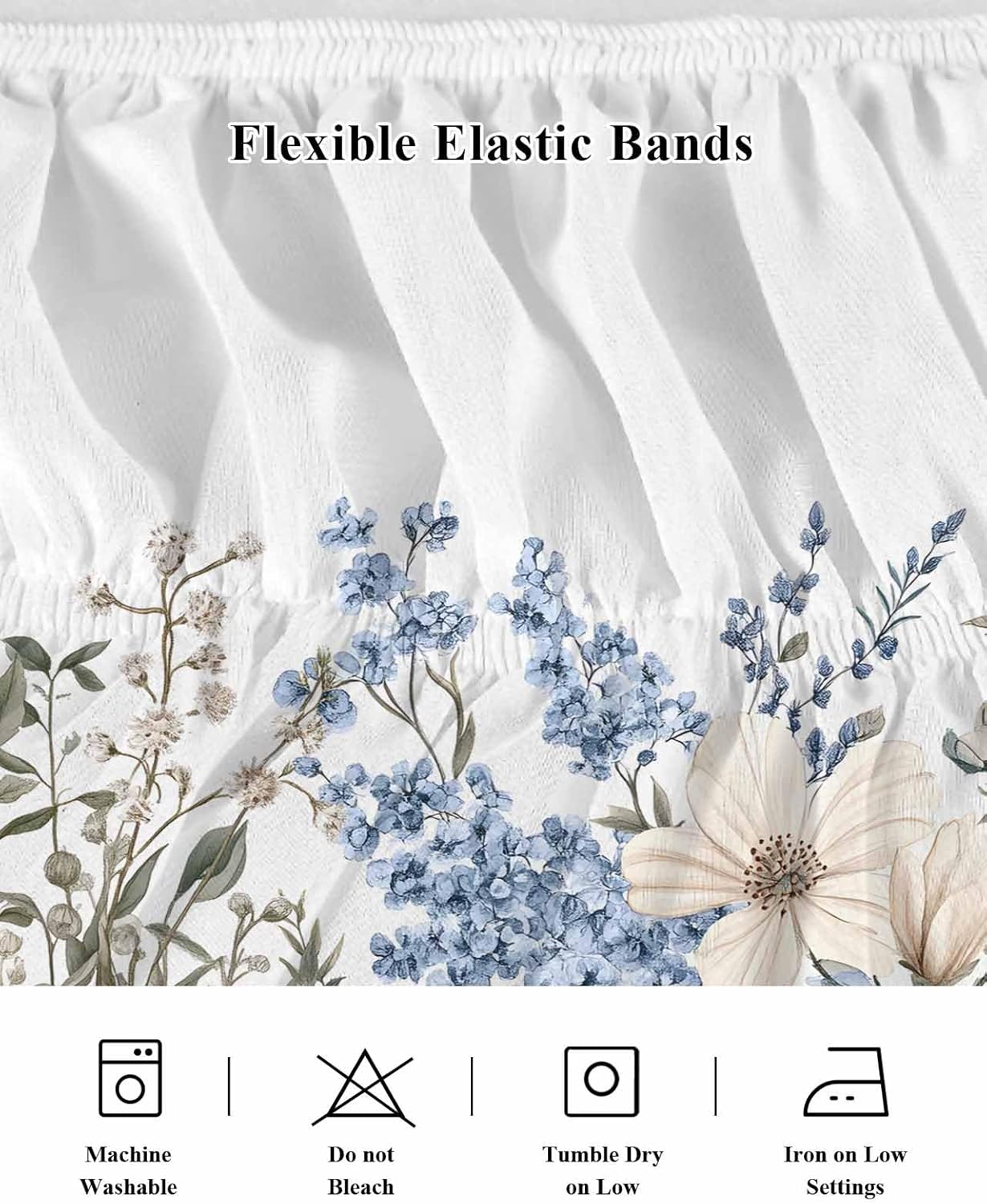 Blue Floral King Elastic Bed Skirt