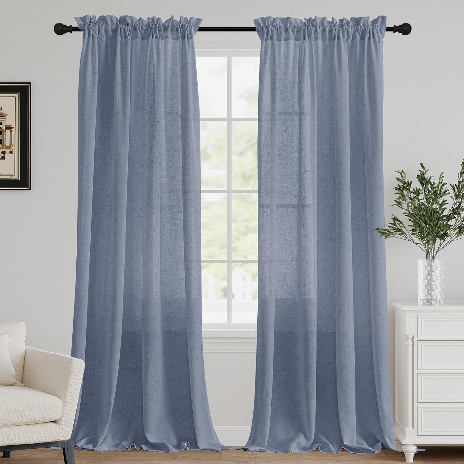 Stone Blue Farmhouse Linen Sheer Curtains 52x96 Set of 2
