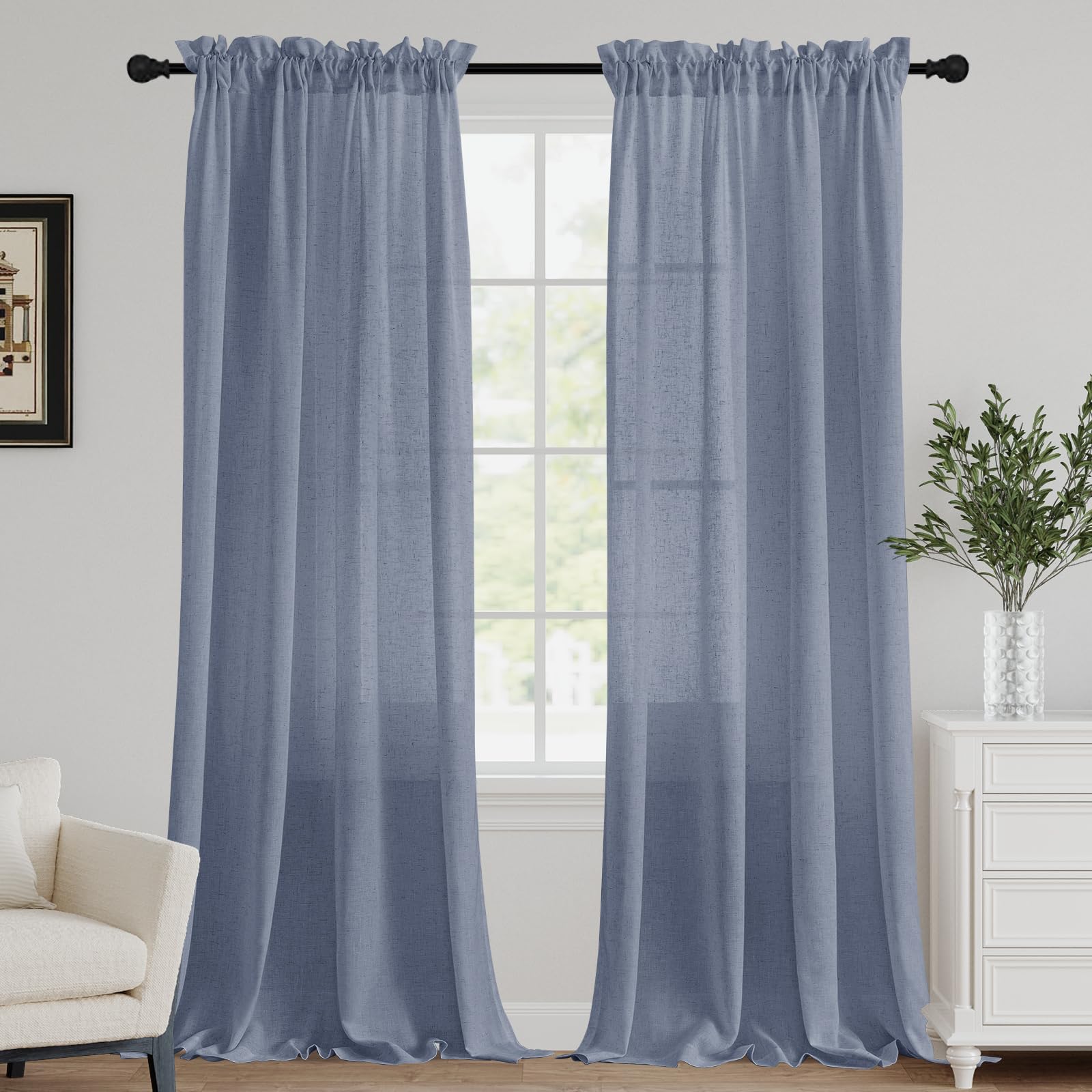 Stone Blue Farmhouse Linen Sheer Curtains 52x96 Set of 2
