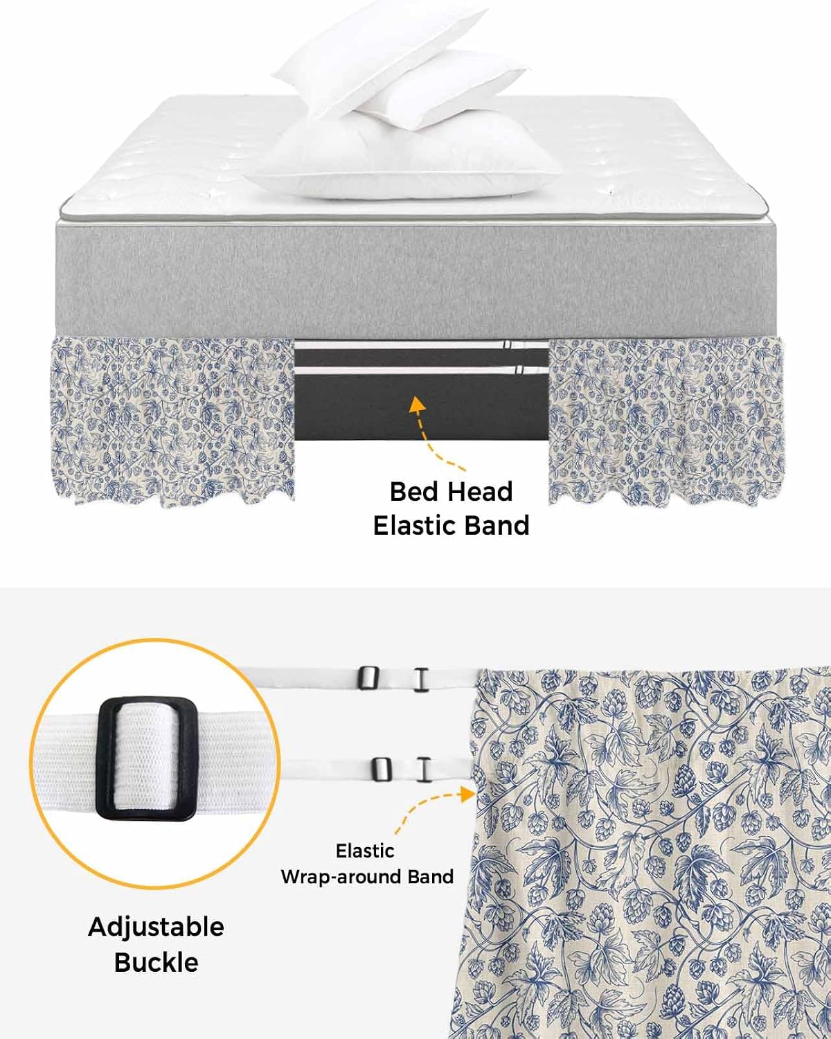 Blue Floral Cal King Elastic Bed Skirt