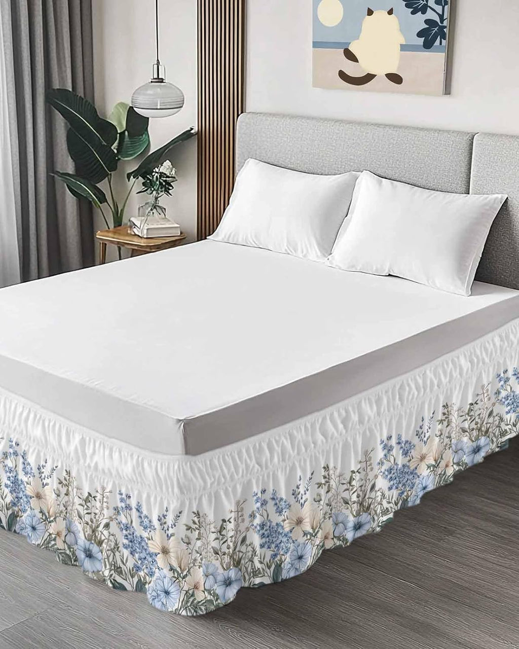 Blue Floral King Elastic Bed Skirt