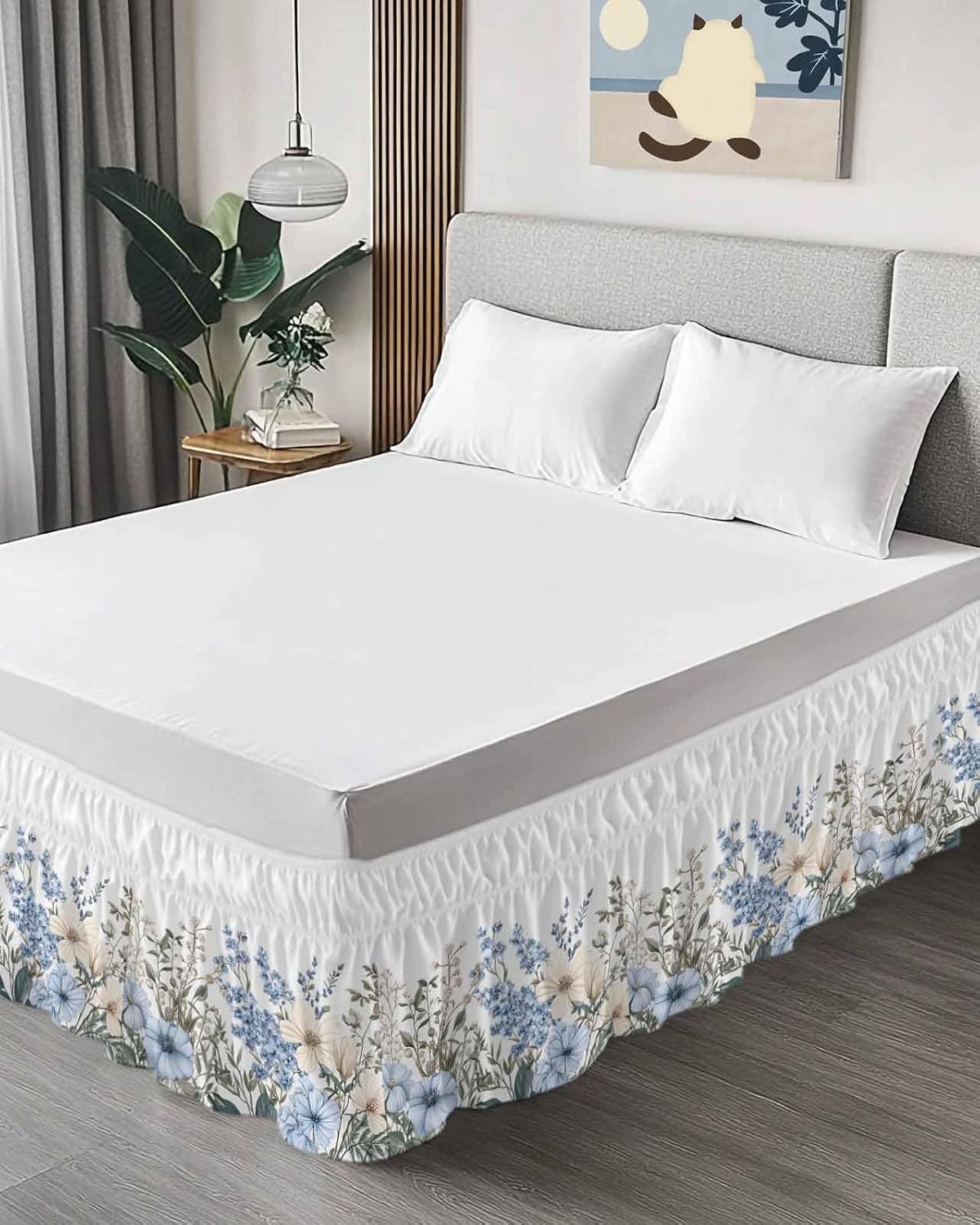 Blue Floral King Elastic Bed Skirt