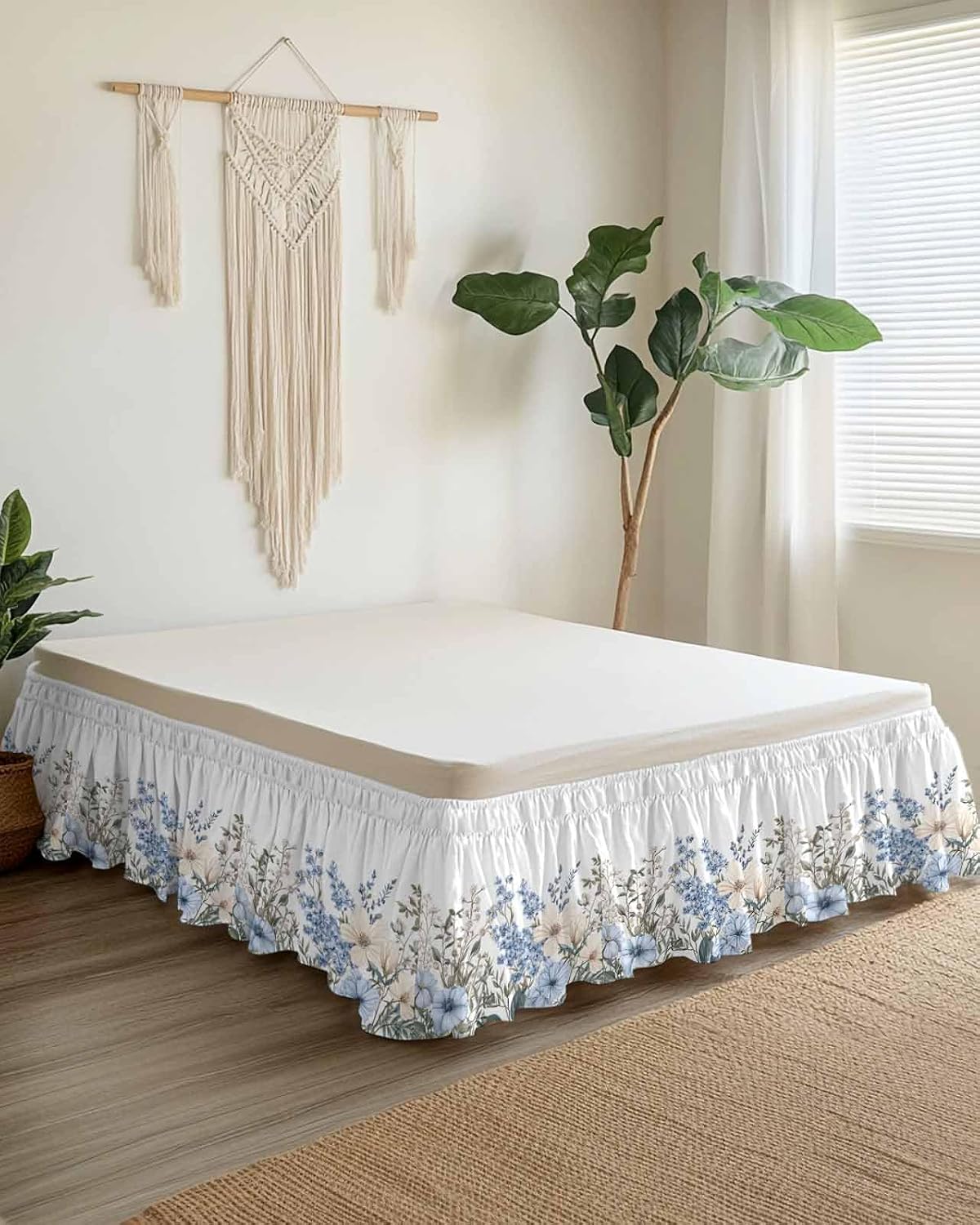 Blue Floral King Elastic Bed Skirt