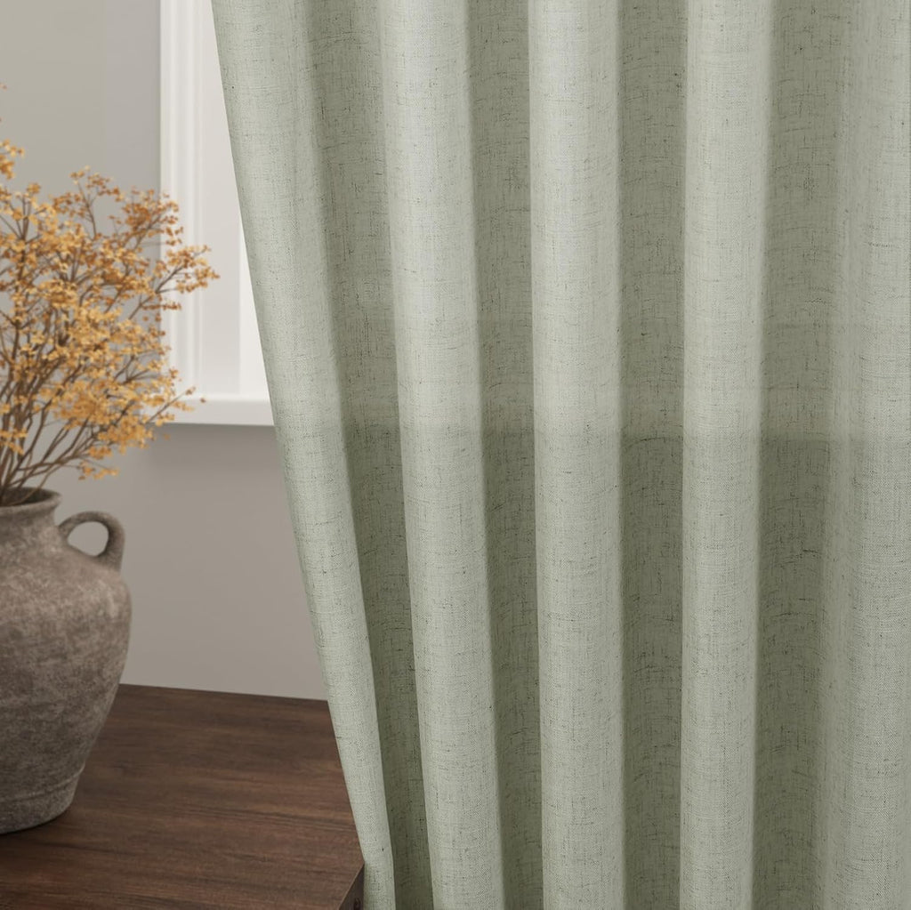 Sage Green Semi Sheer Linen Curtains 90 Inch Set of 2