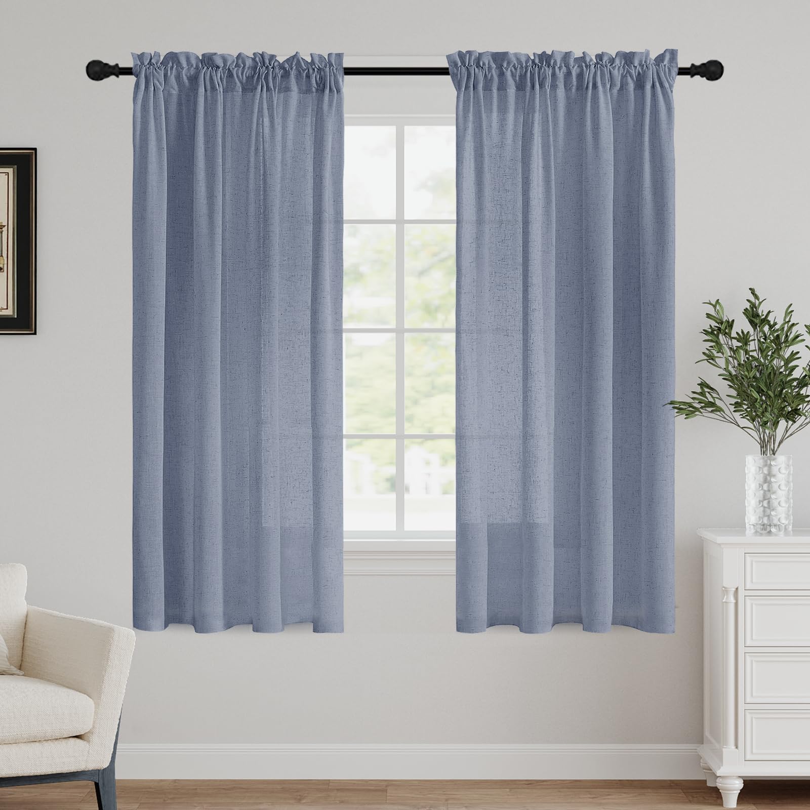 Stone Blue Farmhouse Linen Sheer Curtains 52x96 Set of 2