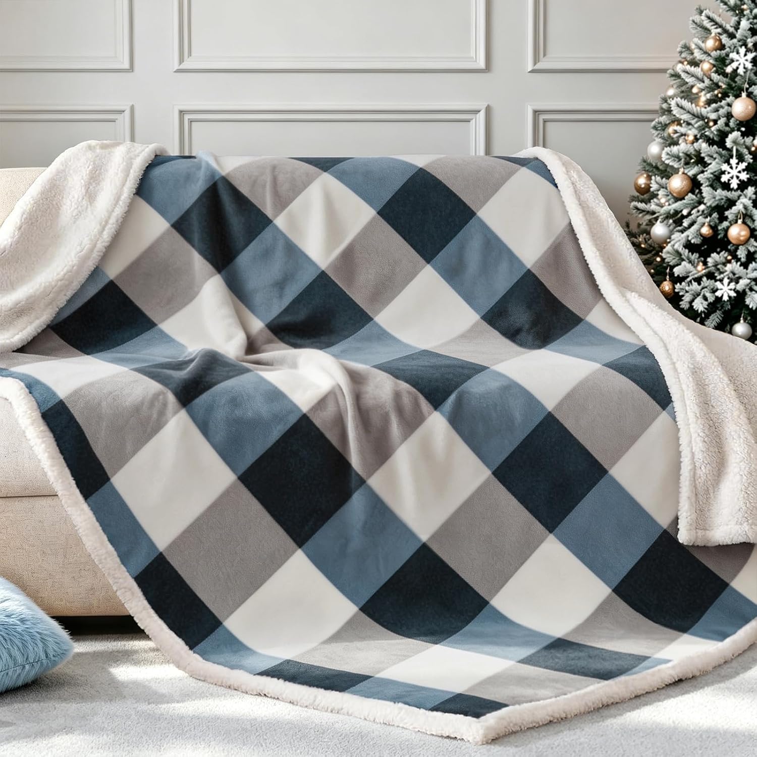 Grey Blue Lattice Reversible Sherpa Throw Blanket 60x80