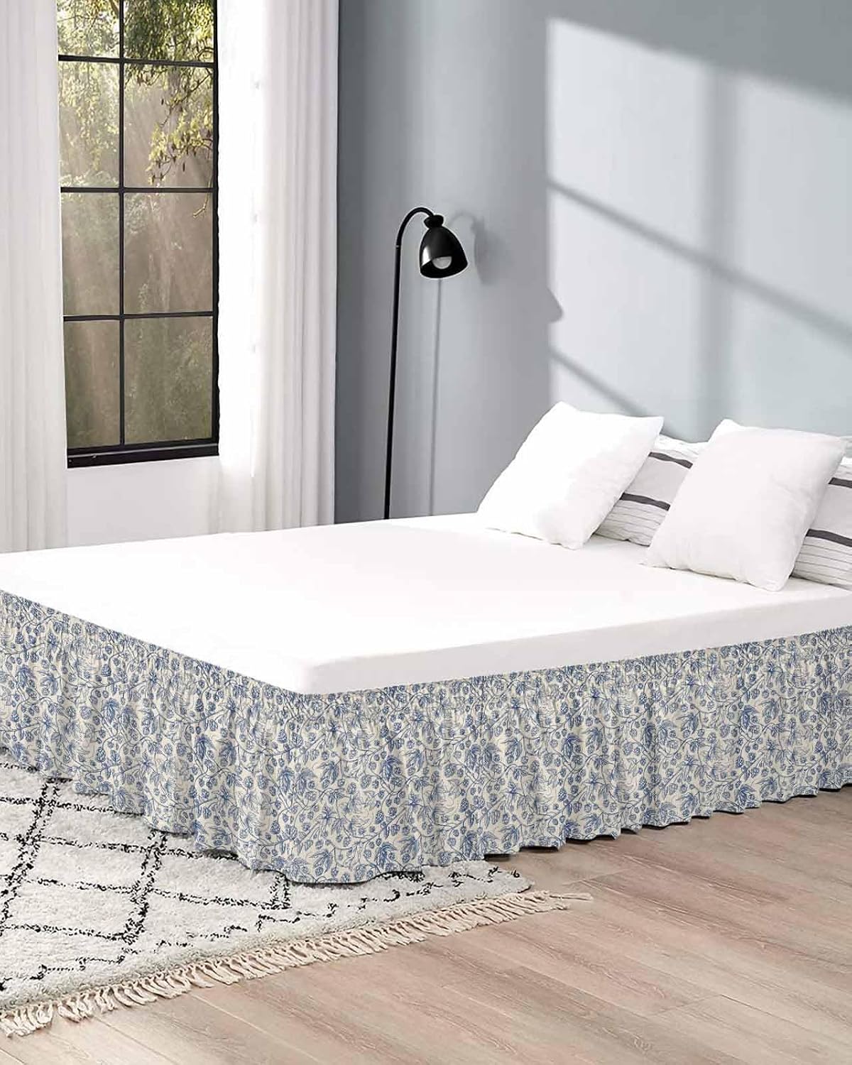 Blue Floral Cal King Elastic Bed Skirt