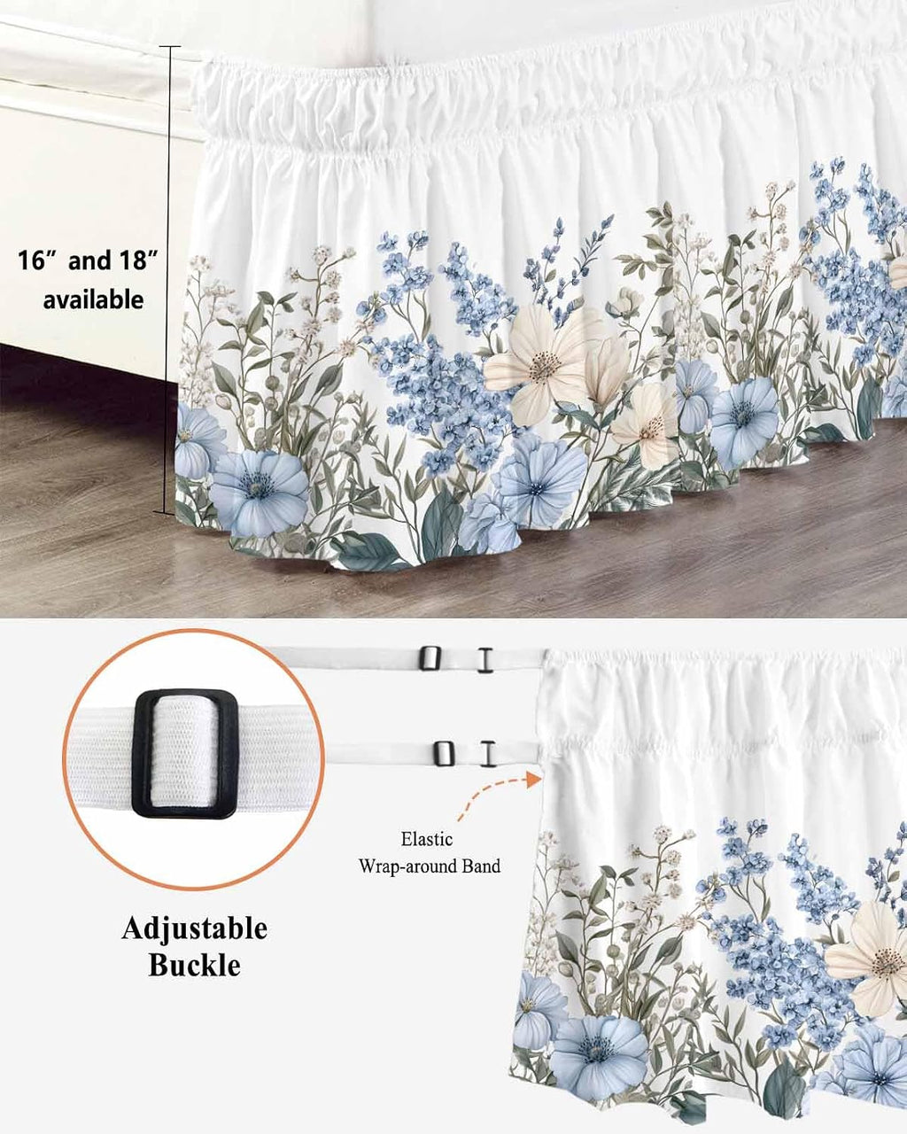 Blue Floral King Elastic Bed Skirt