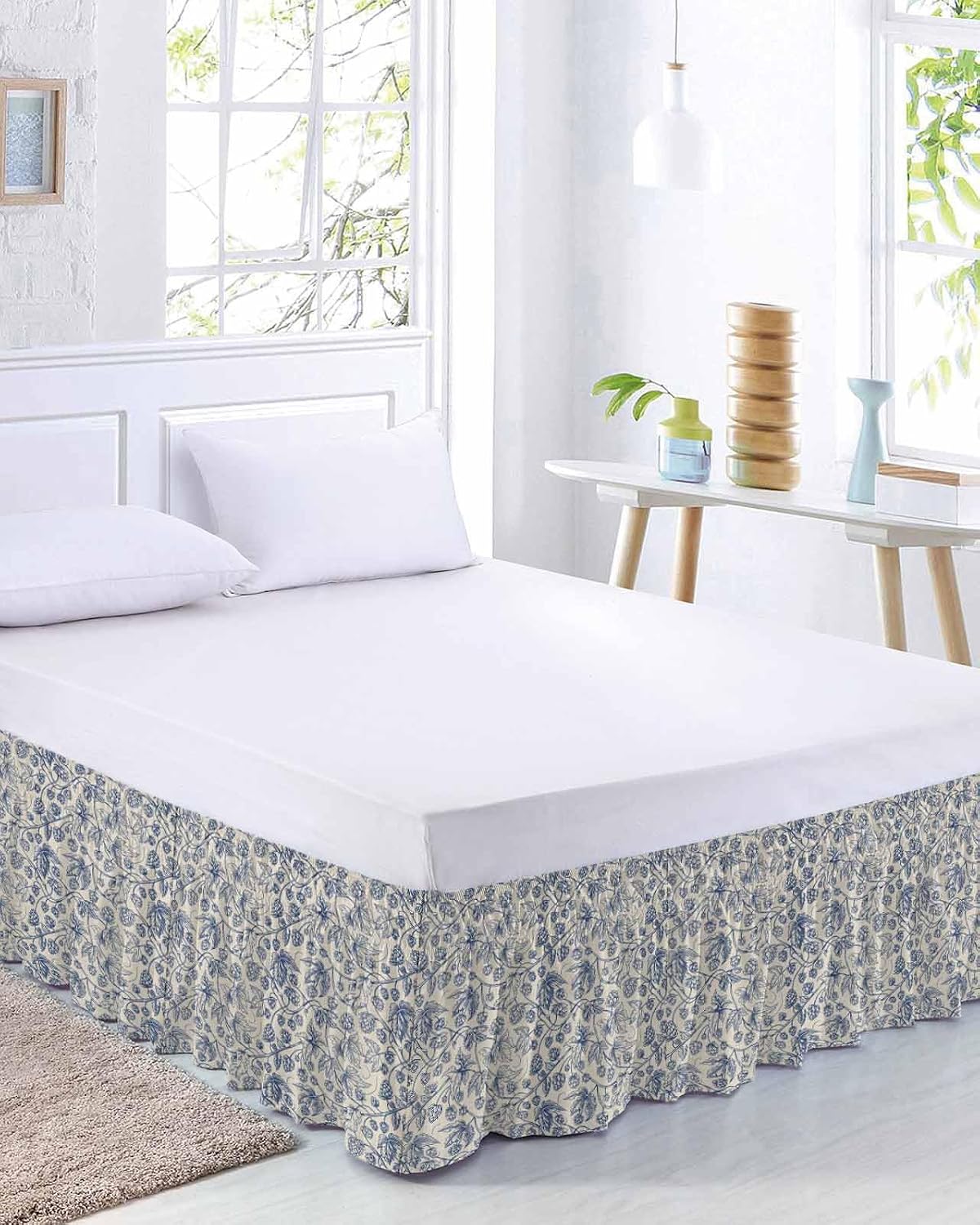 Blue Floral Cal King Elastic Bed Skirt