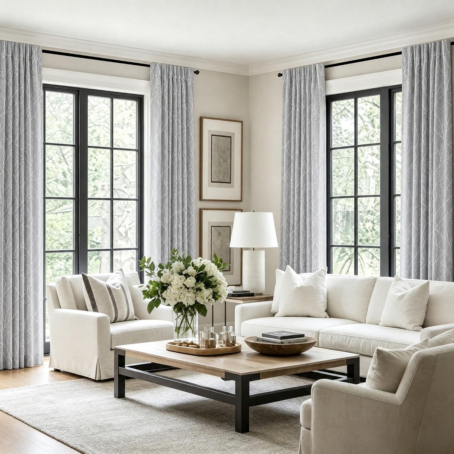 Dark Grey Abstract Tree Jacquard Curtains 120 Inch Set of 2