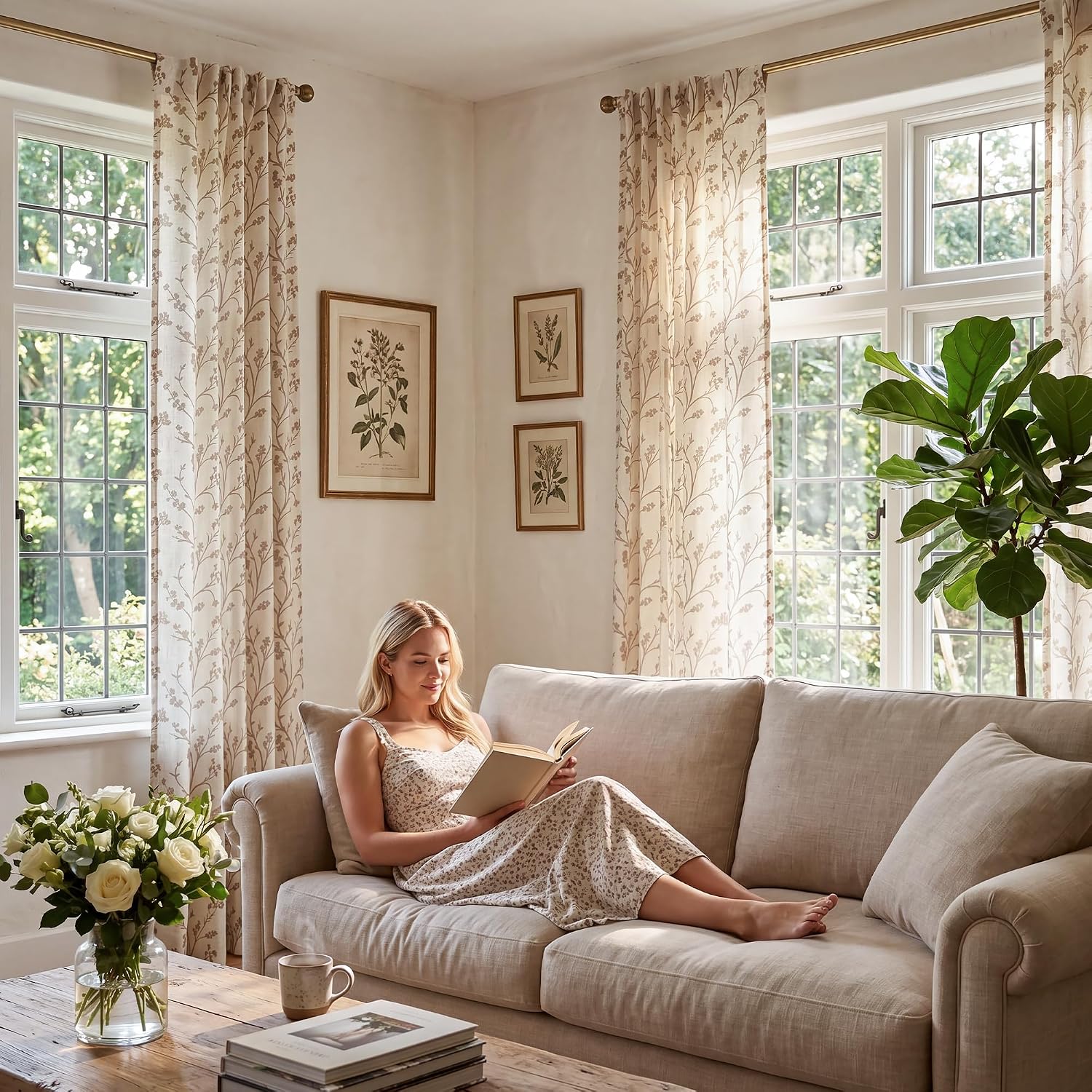 Beige Floral Linen Sheer Curtains 95 Inch Set of 2