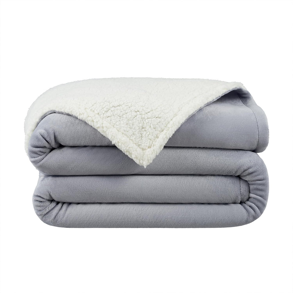 Grey Reversible Sherpa Fleece Throw Blanket Queen 90x90