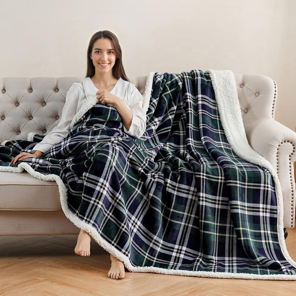 Green Blue Sherpa Twin Throw Blanket 80x90