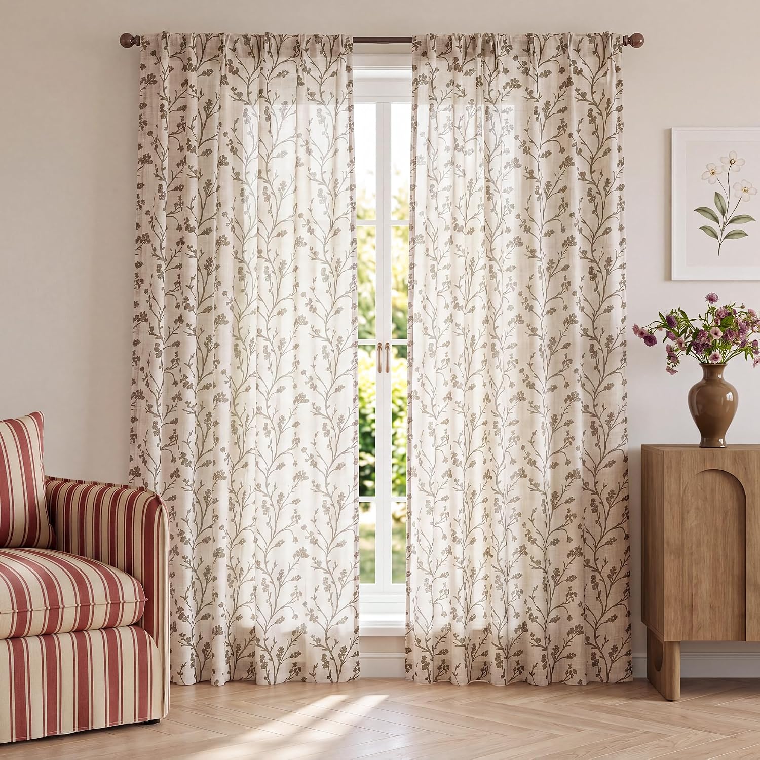 Beige Floral Linen Sheer Curtains 95 Inch Set of 2