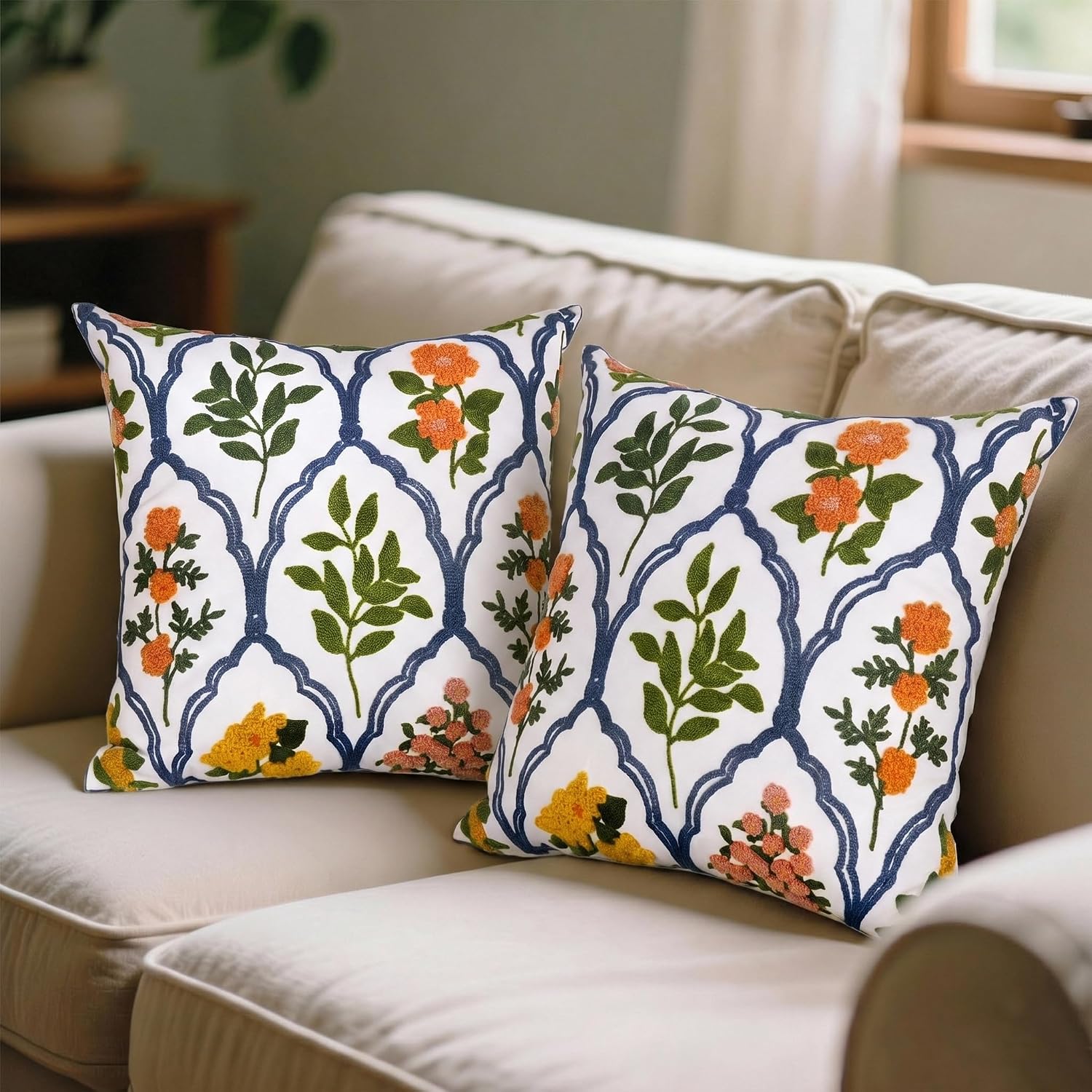 Orange Embroidered Floral 18x18 Pillow Covers Set of 2