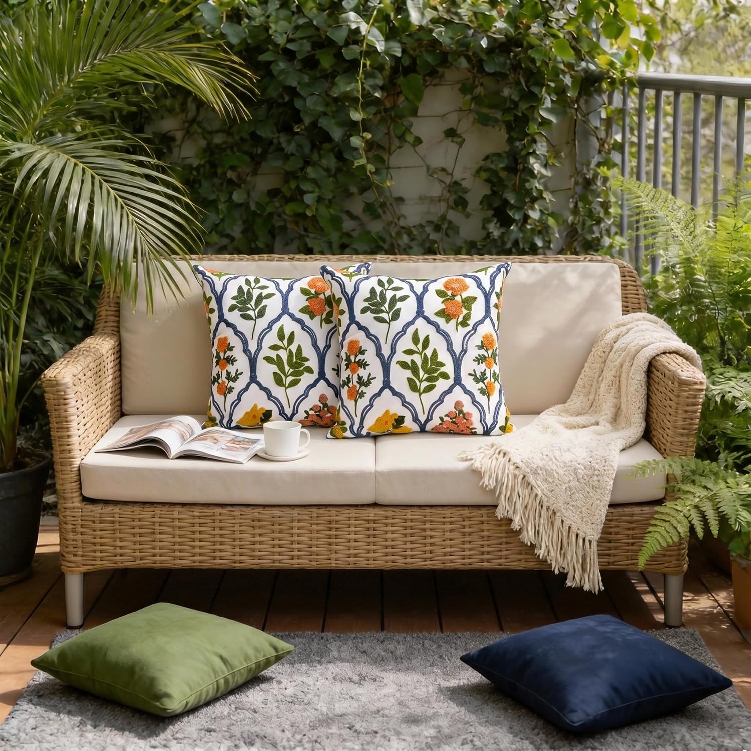 Orange Embroidered Floral 18x18 Pillow Covers Set of 2