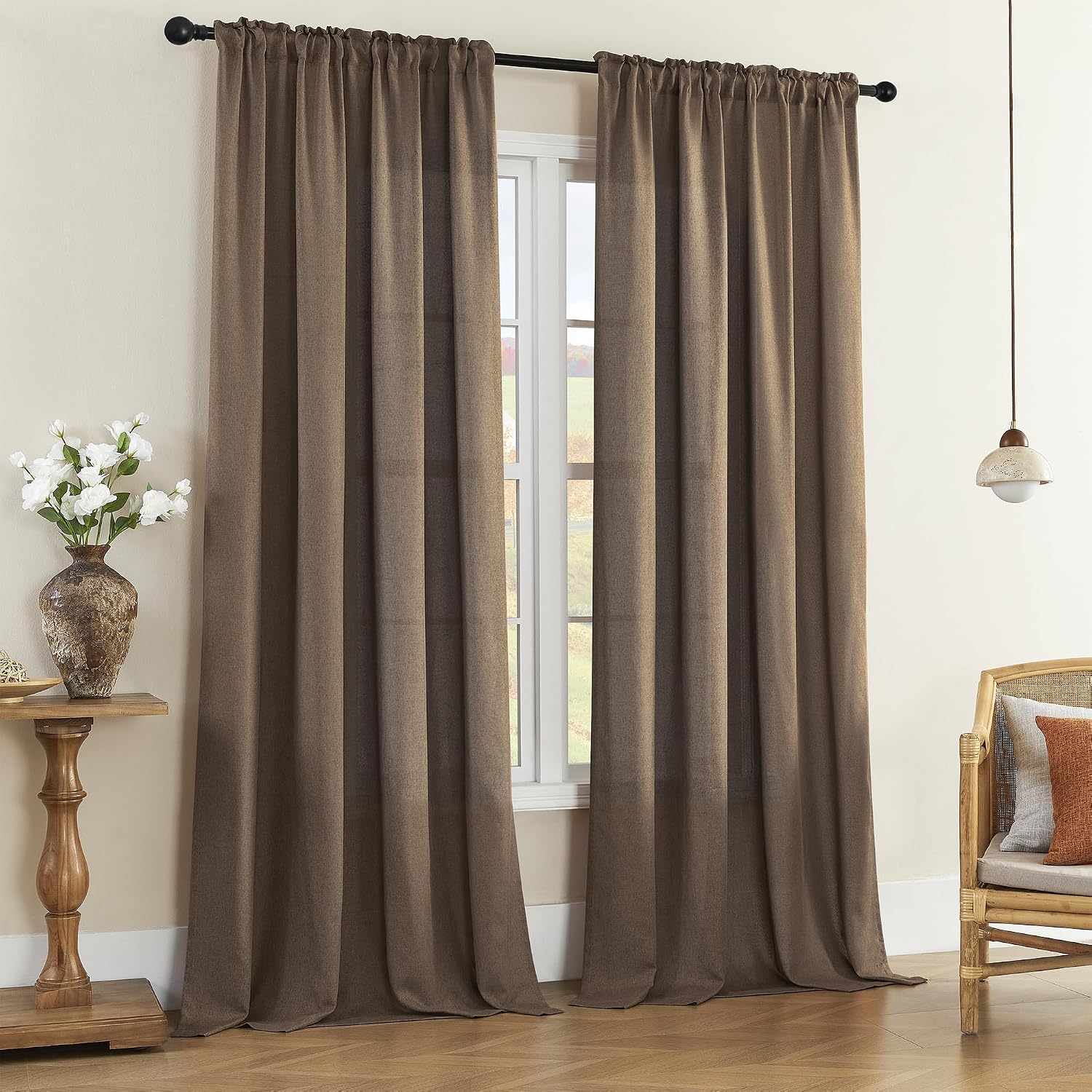 Brown Linen Sheer Curtains 60x84 Set of 2