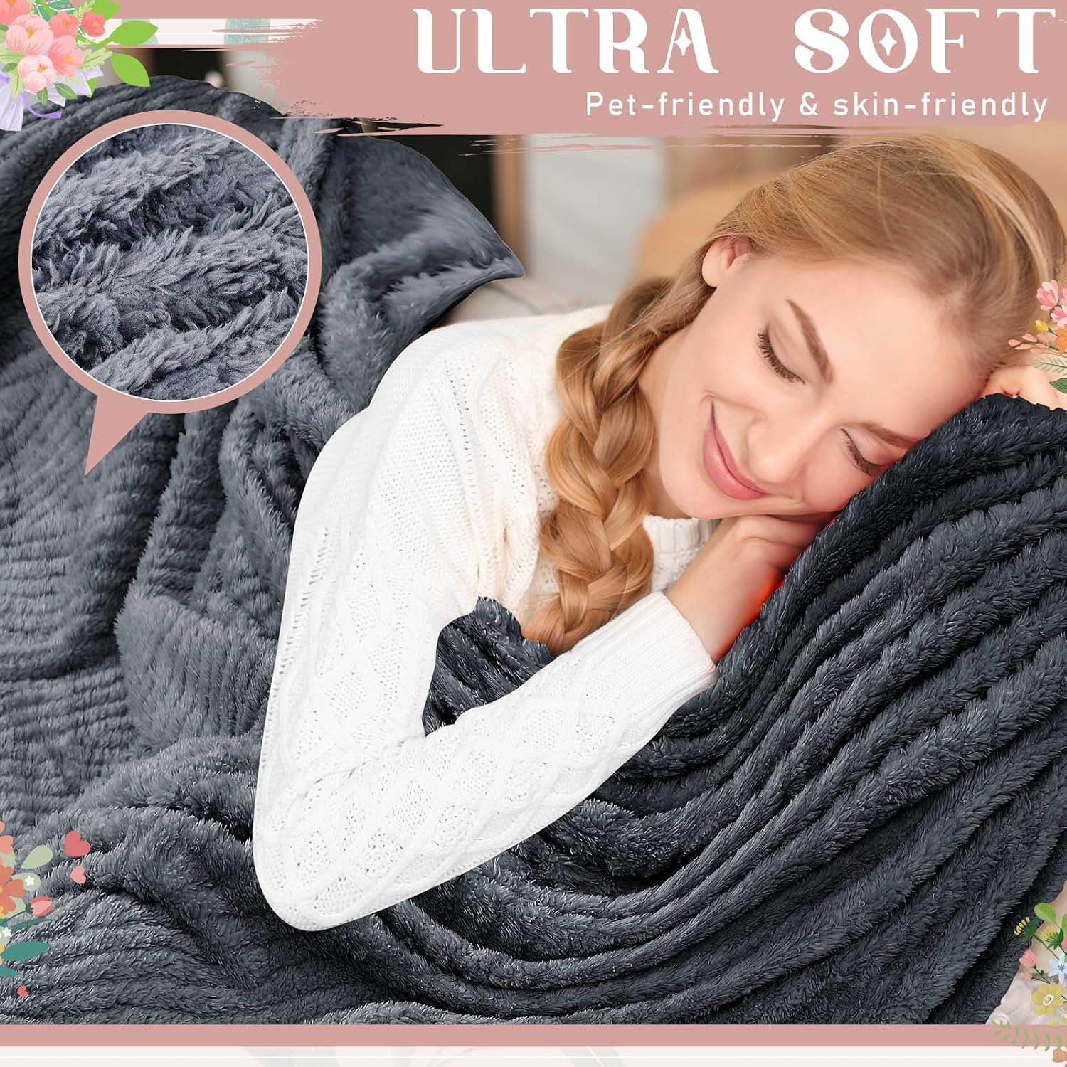 Dark Gray Jacquard Sherpa Throw Blankets Set of 6 50x60