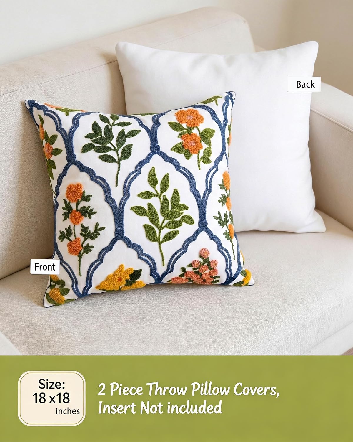 Orange Embroidered Floral 18x18 Pillow Covers Set of 2