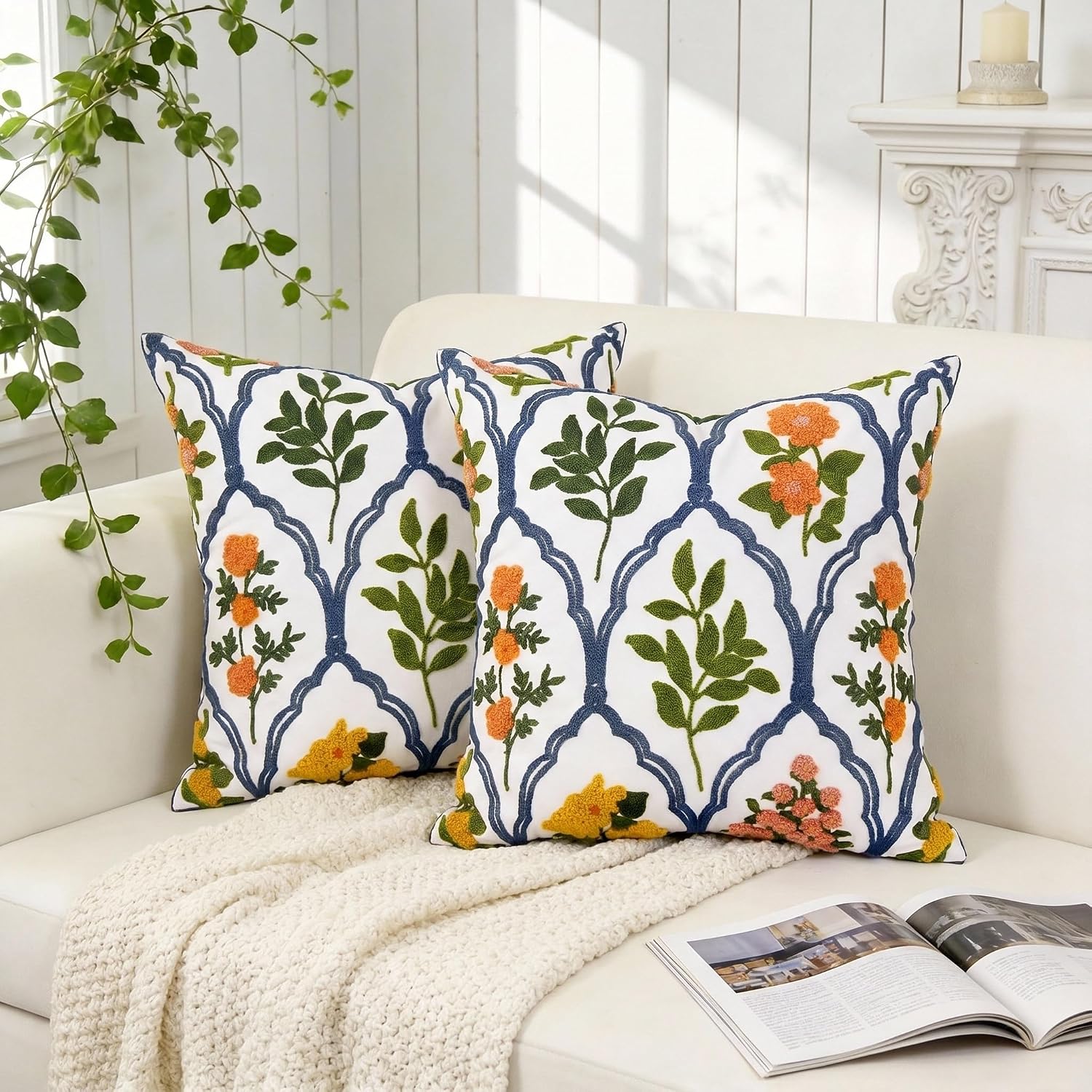Orange Embroidered Floral 18x18 Pillow Covers Set of 2