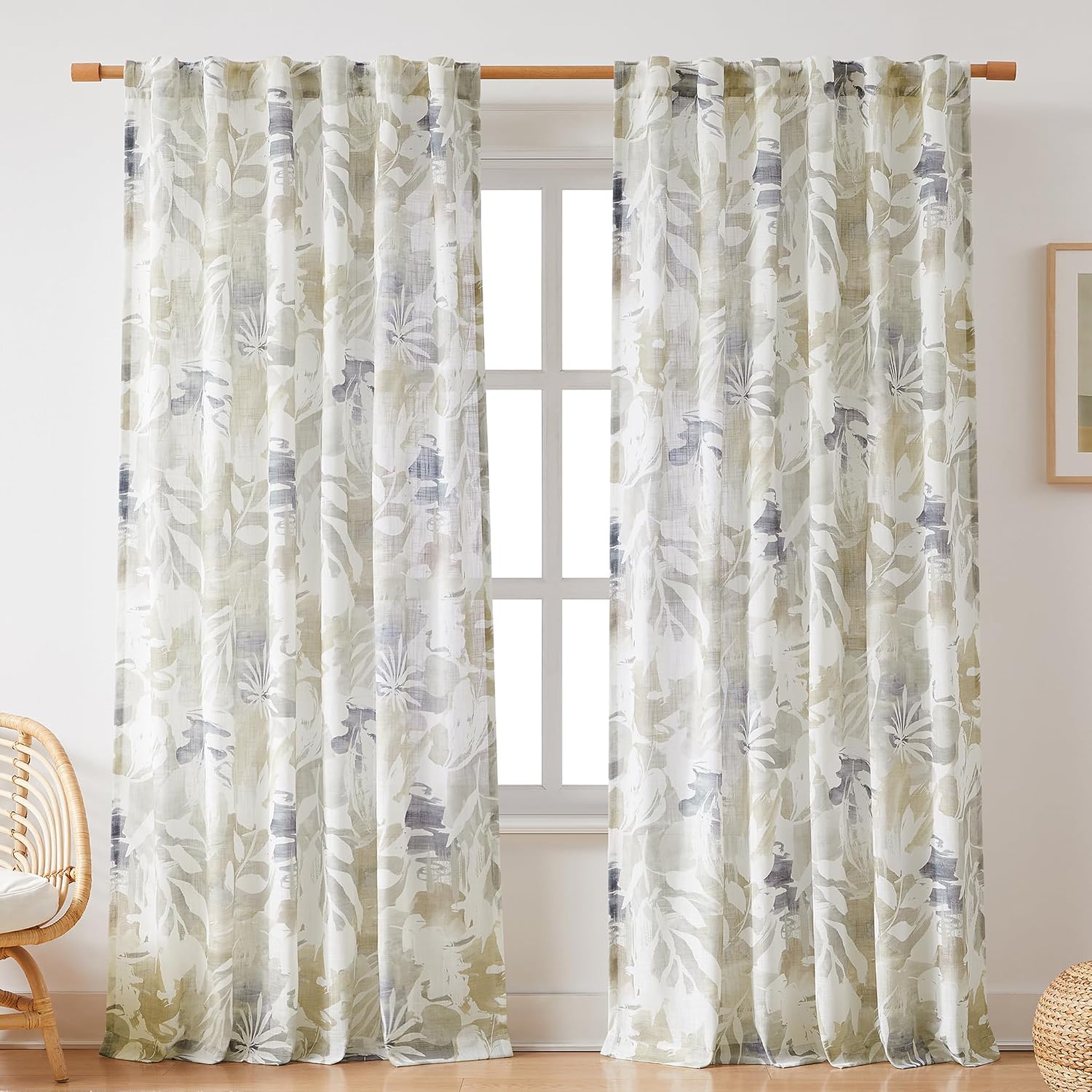 Beige Floral Linen Sheer Curtains 52x95 Set of 2