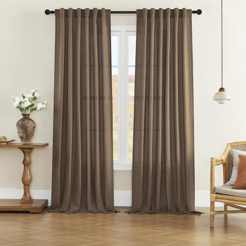 Brown Linen Sheer Curtains 60x84 Set of 2