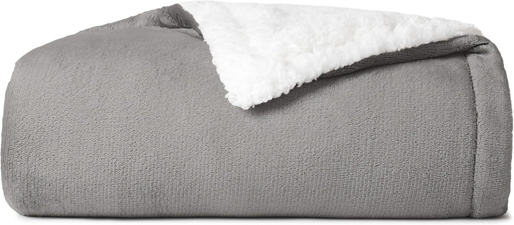 Grey Reversible Sherpa Throw Blanket 50x60