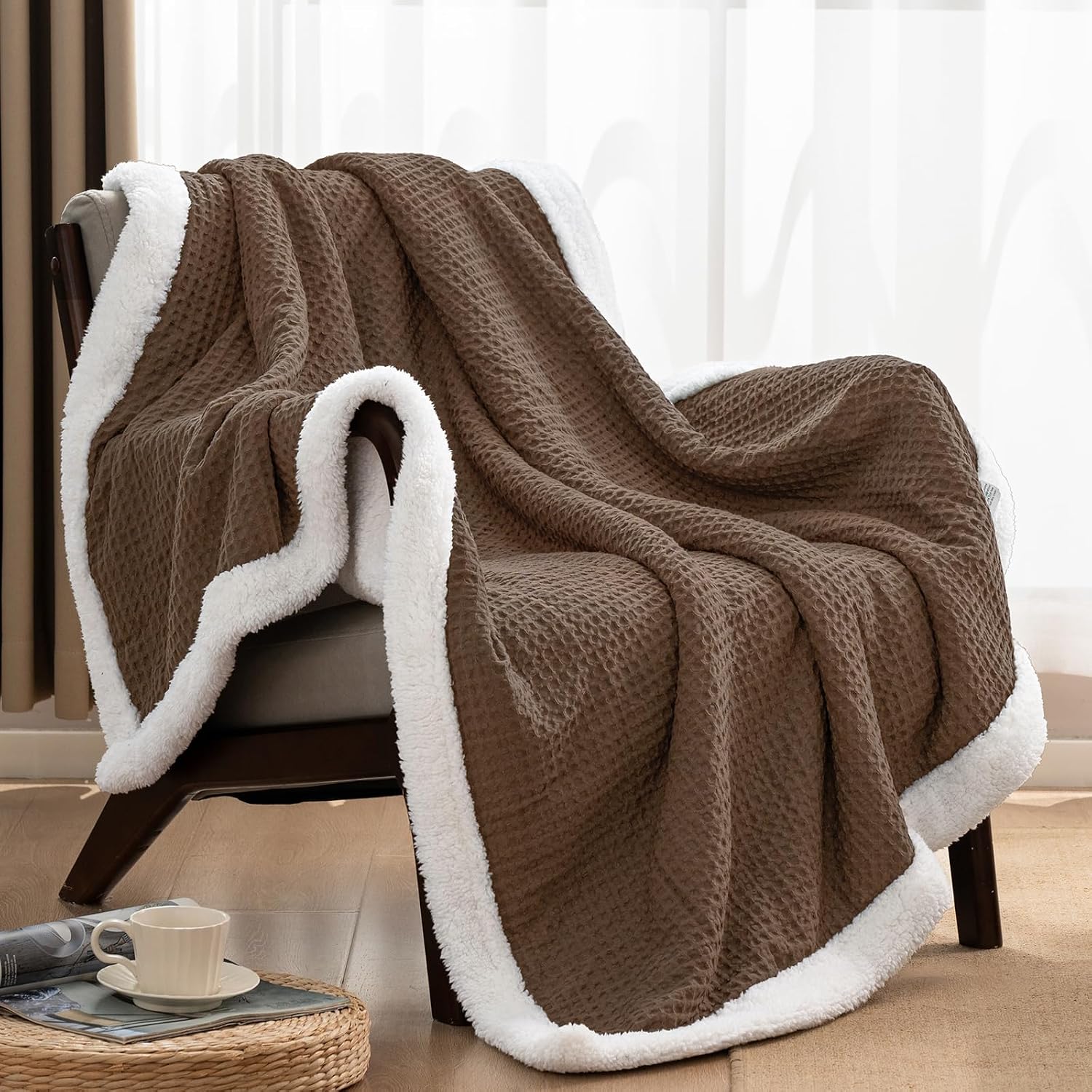 Chocolate Twin Waffle Sherpa Reversible Blanket