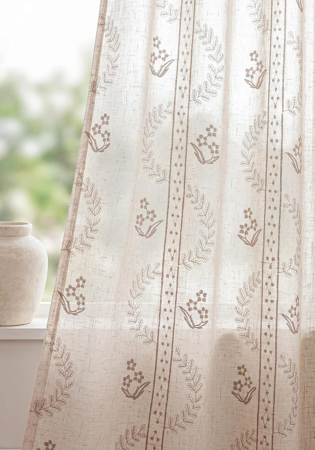 Beige Lily of the Valley Floral Linen Curtains 108 Inch Set of 2