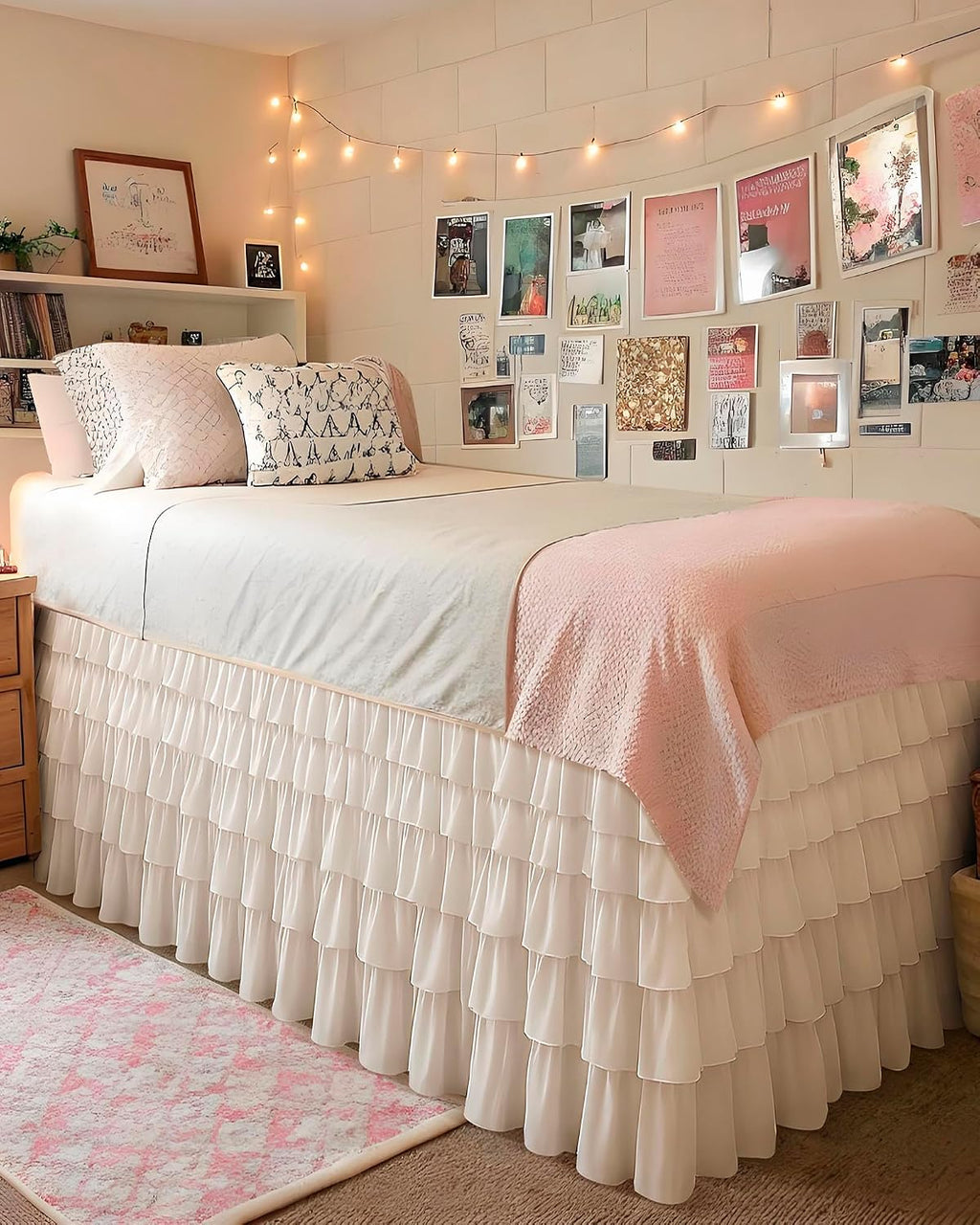 White Embroidered Twin XL Dorm Bed Skirt