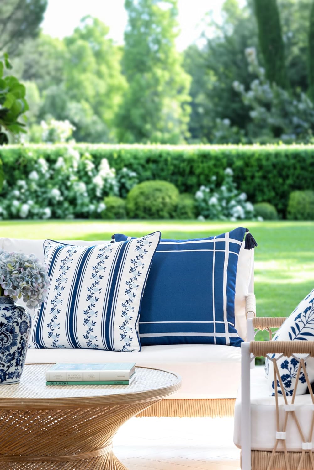Navy Floral Stripe Outdoor Pillow Cover 20x20