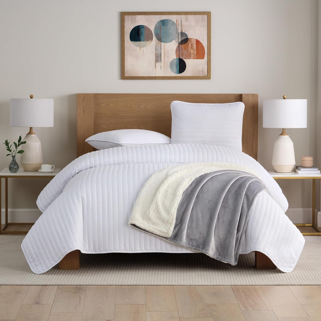 Grey Reversible Sherpa Fleece Throw Blanket Queen 90x90