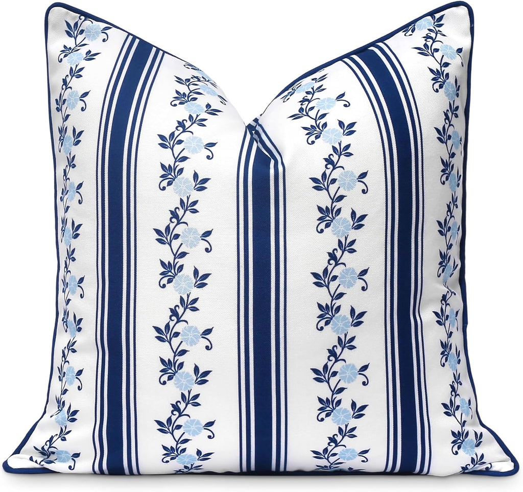 Navy Floral Stripe Outdoor Pillow Cover 20x20