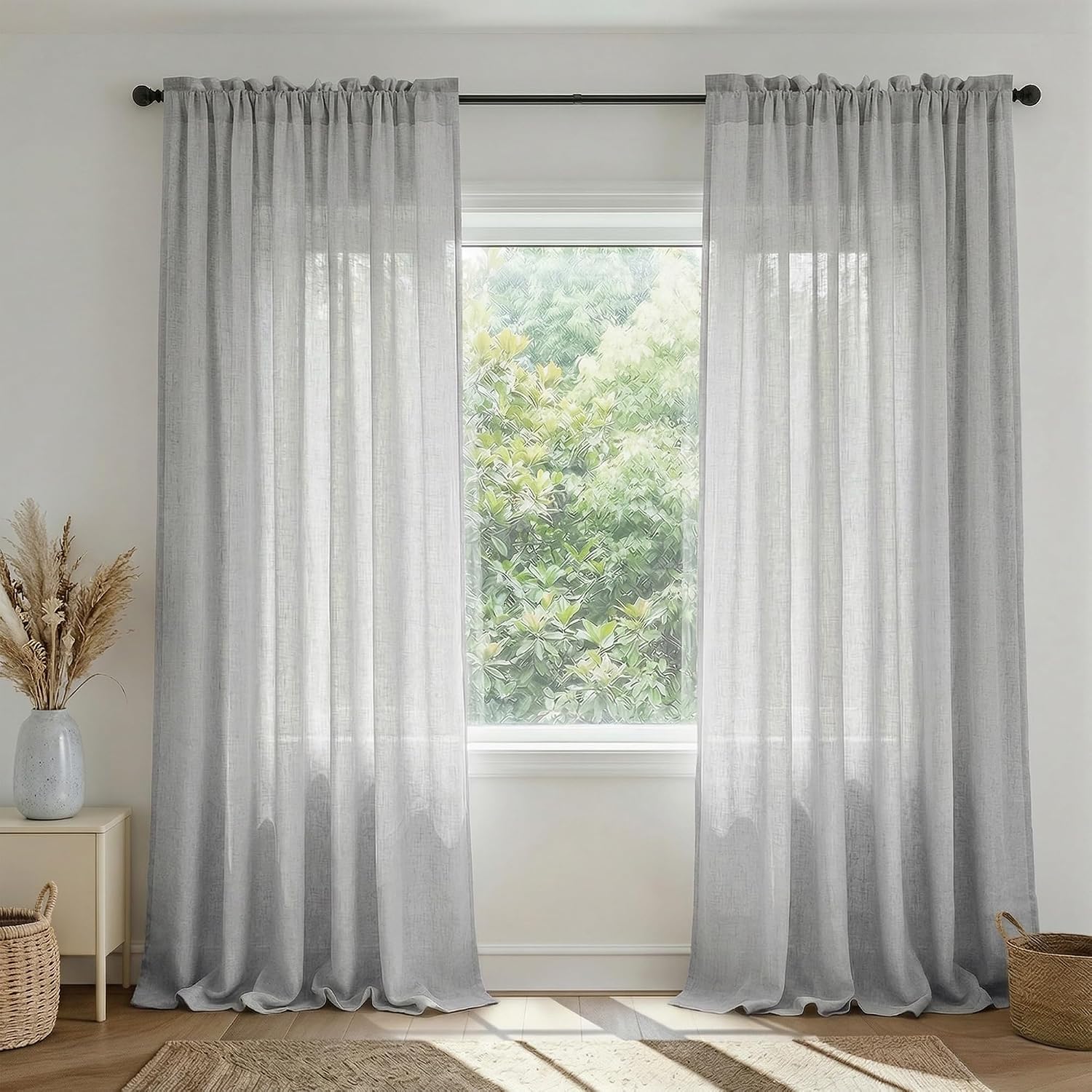 Light Gray Linen Blend Semi Sheer Curtains 52x90 Set of 2