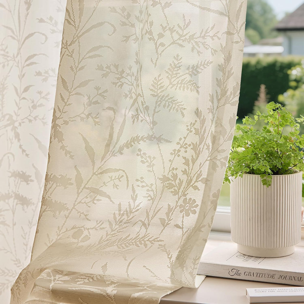 Taupe Floral Semi Sheer Curtains 52x96 Set of 2