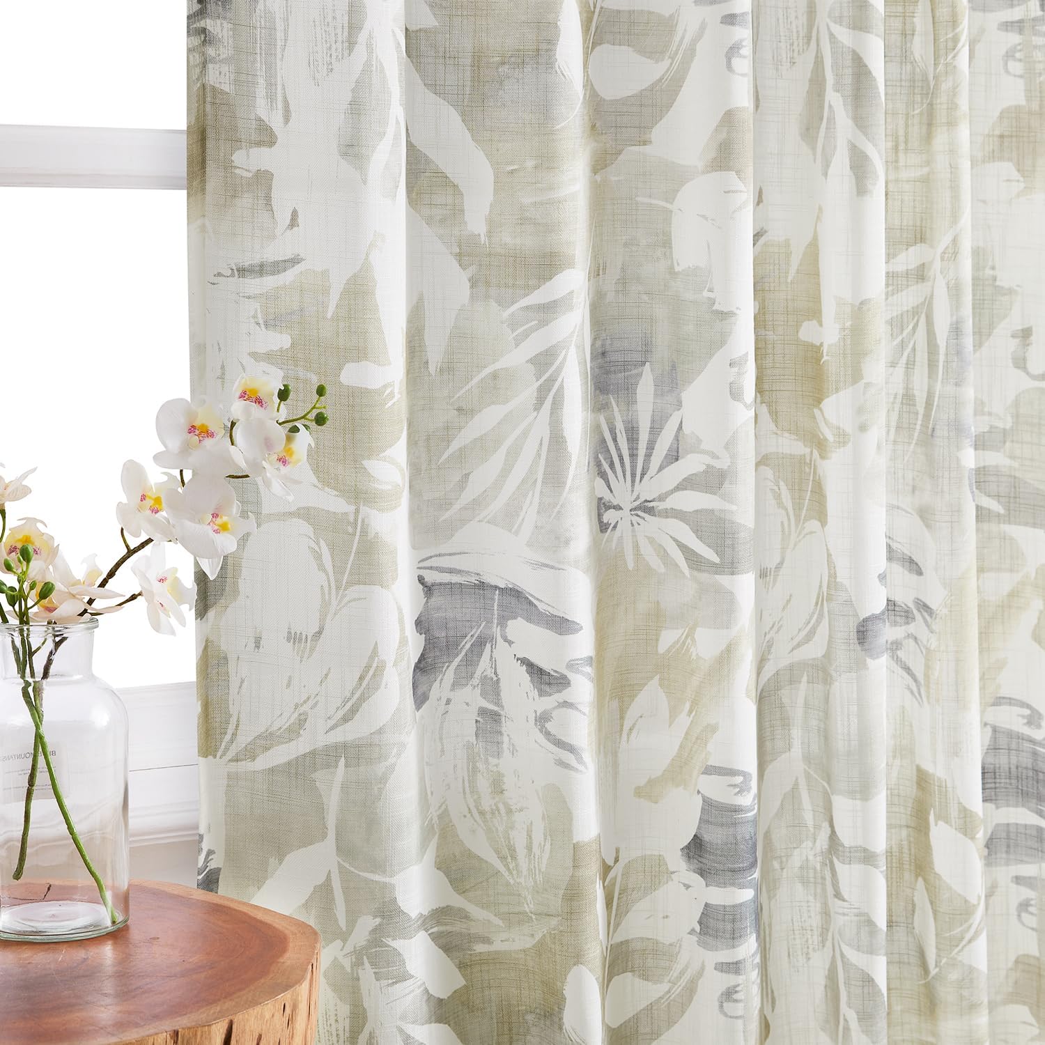 Beige Floral Linen Sheer Curtains 52x95 Set of 2