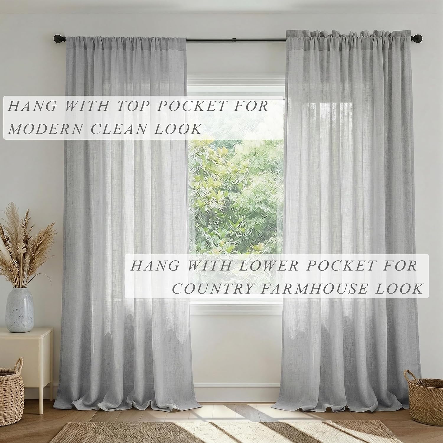Light Gray Linen Blend Semi Sheer Curtains 52x90 Set of 2