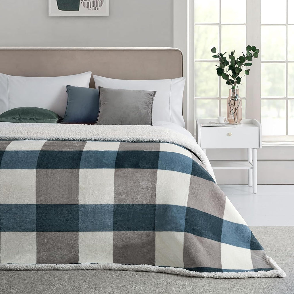 Grey Blue Lattice Reversible Sherpa Throw Blanket 60x80
